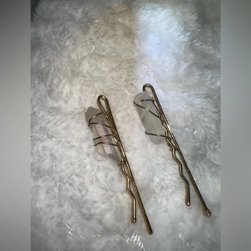 Clear Quartz w/ Rainbow Aura Wire Wrapped Hairpin Set Handmade Craft Bohemian